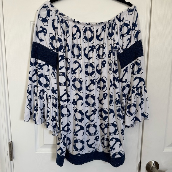 Macbeth Collection by Margaret Josephs Navy White Nautical Off-Shoulder Tunic S - Picture 2 of 14